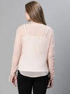 Women beige dobby mashed round neck with tie-up detailed long sleeve top