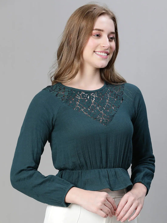 Women green round neck lace deatiled long sleeve elasticated cotton top