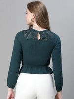 Women green round neck lace deatiled long sleeve elasticated cotton top