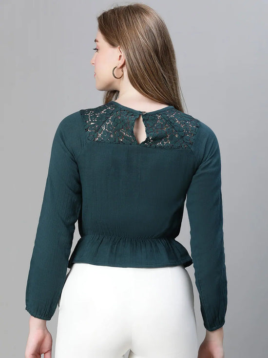 Women green round neck lace deatiled long sleeve elasticated cotton top