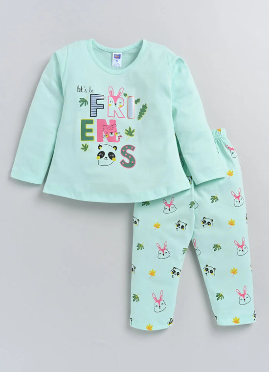 Nottie Planet Friends Printed Fancy Girls Top With Pyjama - Pista