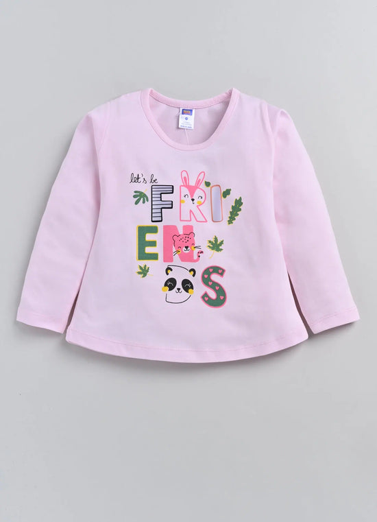 Nottie Planet Friends Printed Fancy Girls Top With Pyjama - Pink