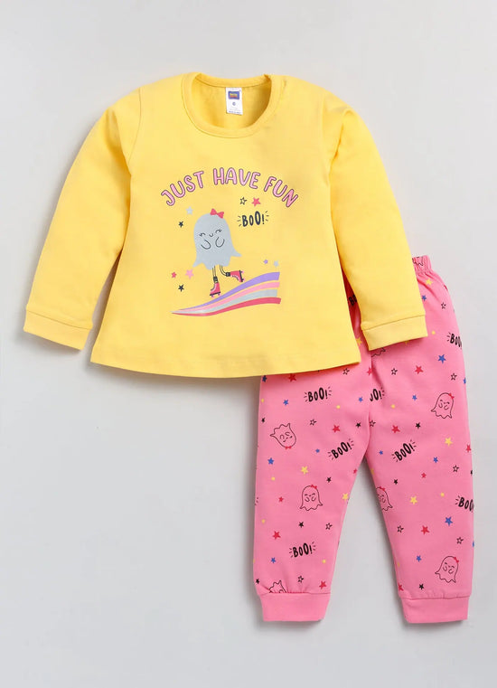 Nottie Planet Just Have Fun Print Fancy Girl'S T-Shirt With Pant - Yellow