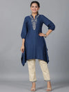 Juniper Women Navy Blue Rayon Embroidered Asymmetric Kurta & Pants Set