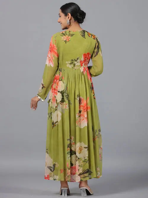 Juniper Women Green Georgette Printed Maxi Dress