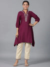 Juniper Women Maroon Rayon Embroidered Asymmetric Kurta & Pants Set