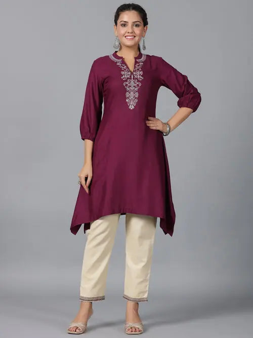 Juniper Women Maroon Rayon Embroidered Asymmetric Kurta & Pants Set