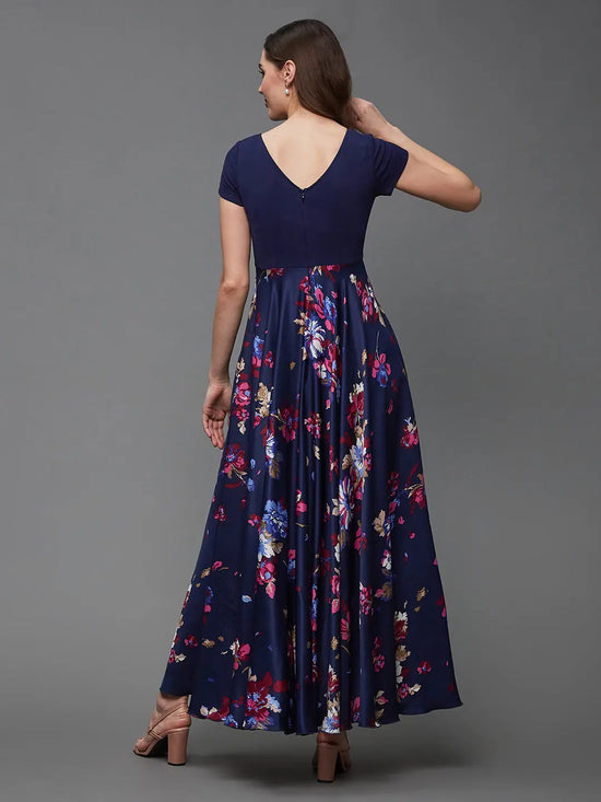 Spring Blossom Floral Printed Maxi Dress Multicolored-Base-Navy Blue