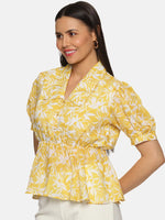 Floral Yellow Collared Peplum Top