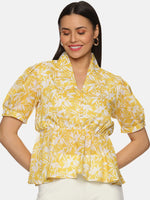 Floral Yellow Collared Peplum Top