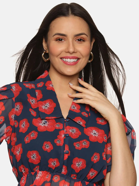 Floral Navy Blue Collared Peplum Top