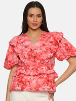 Floral Coral Ruffle Detail Peplum Top