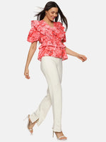 Floral Coral Ruffle Detail Peplum Top