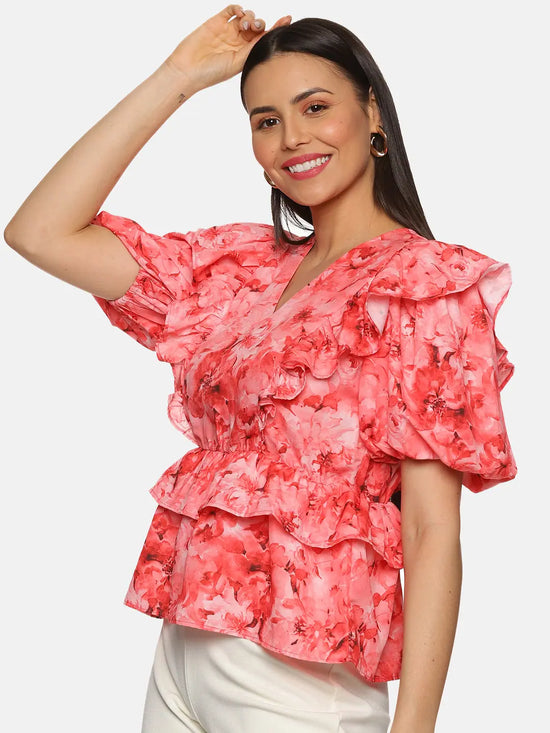 Floral Coral Ruffle Detail Peplum Top