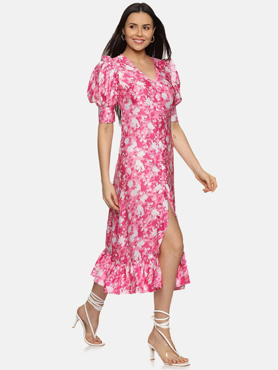 Floral Pink Button Down Satin Dress