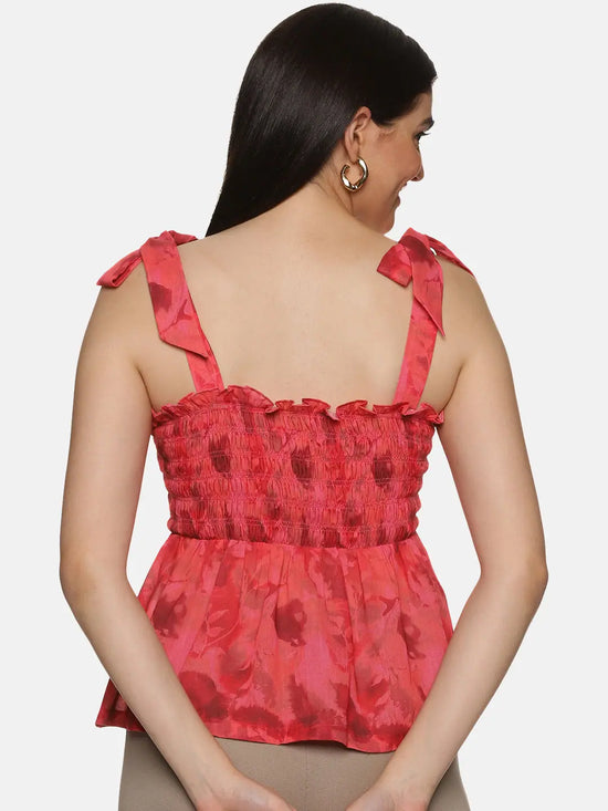 Abstract Red Tie-Up Peplum Top