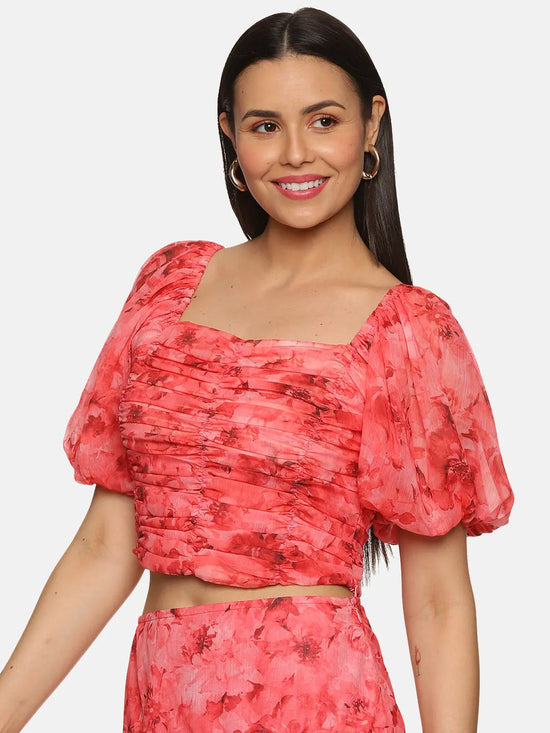 Floral Coral Ruching Detail Crop Top