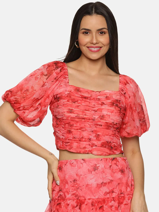 Floral Coral Ruching Detail Crop Top