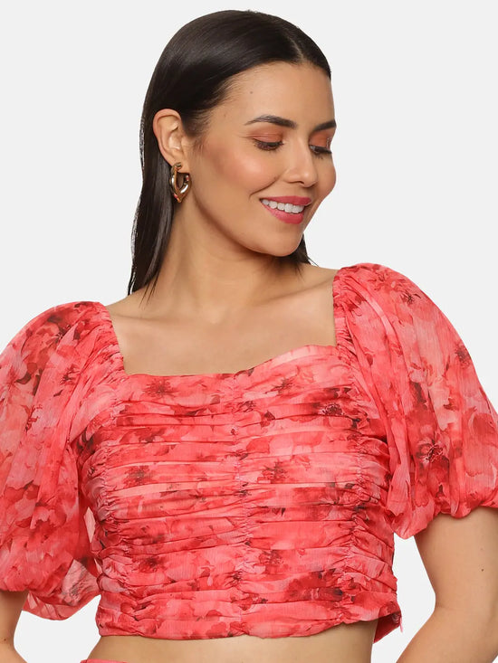 Floral Coral Ruching Detail Crop Top