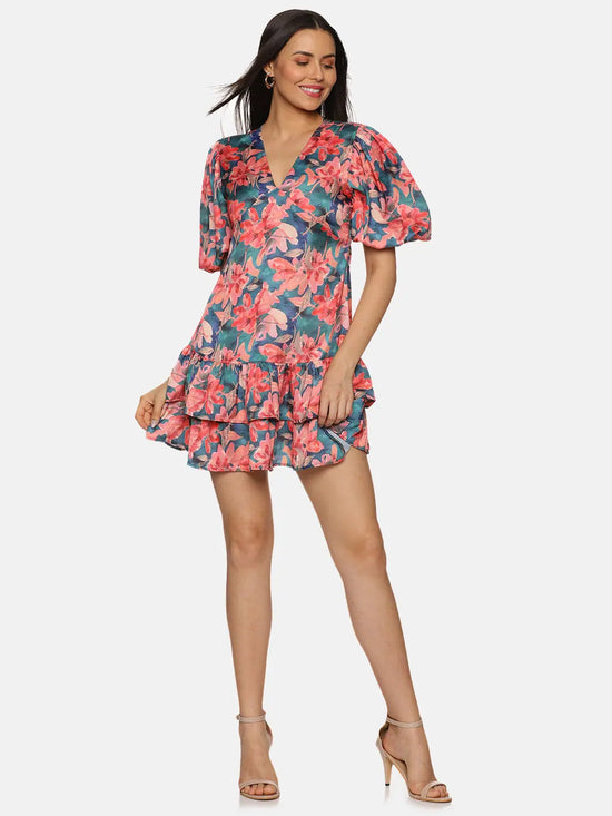 Floral Multicolor Two Tiered Ruffle Mini Dress