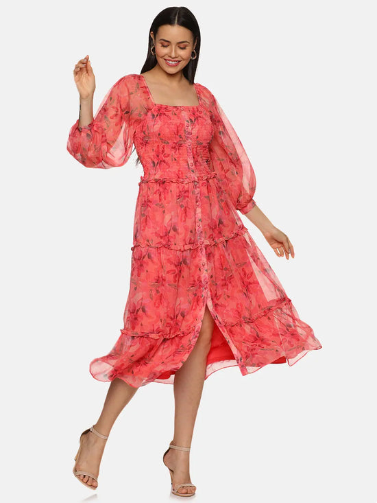 Floral Coral Button Down Midaxi Dress