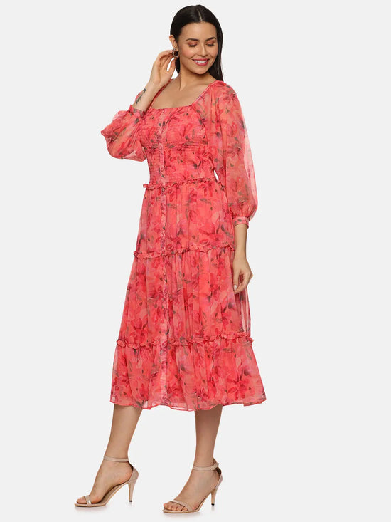 Floral Coral Button Down Midaxi Dress