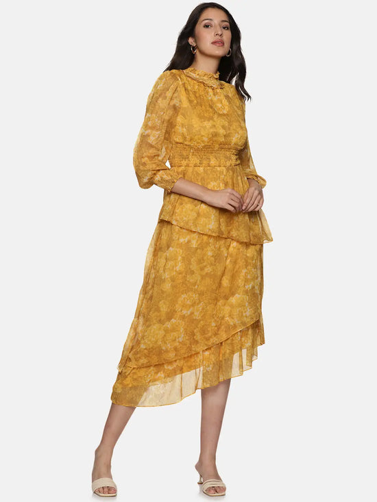 Floral Mustard Smocking Detail Assymetrical Midaxi Dress