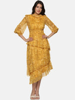 Floral Mustard Smocking Detail Assymetrical Midaxi Dress