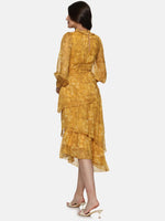 Floral Mustard Smocking Detail Assymetrical Midaxi Dress