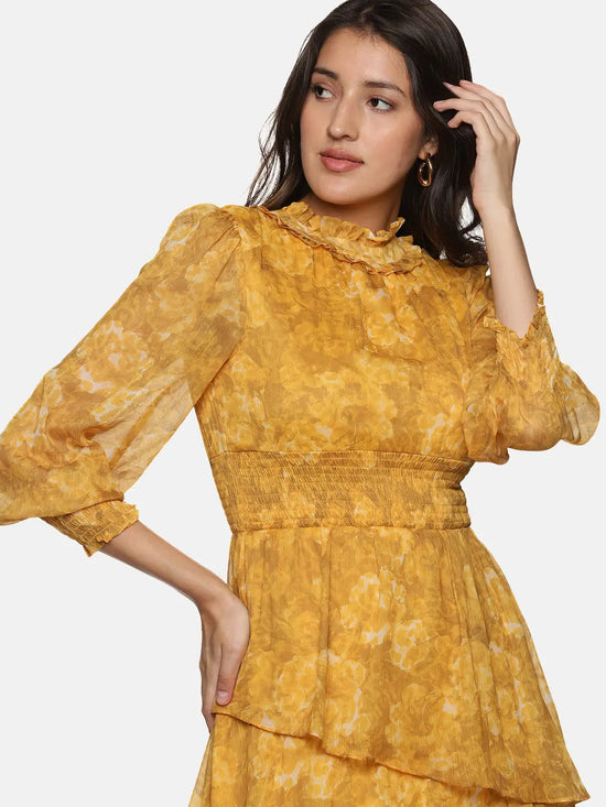 Floral Mustard Smocking Detail Assymetrical Midaxi Dress