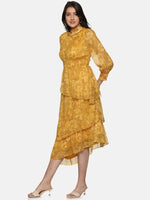 Floral Mustard Smocking Detail Assymetrical Midaxi Dress