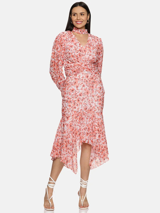 Floral Orange High Neck Fit And Flare Dress