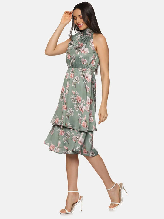 Floral Olive Halter Tie Neck Midi Dress