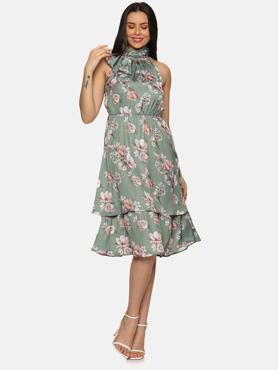 Floral Olive Halter Tie Neck Midi Dress