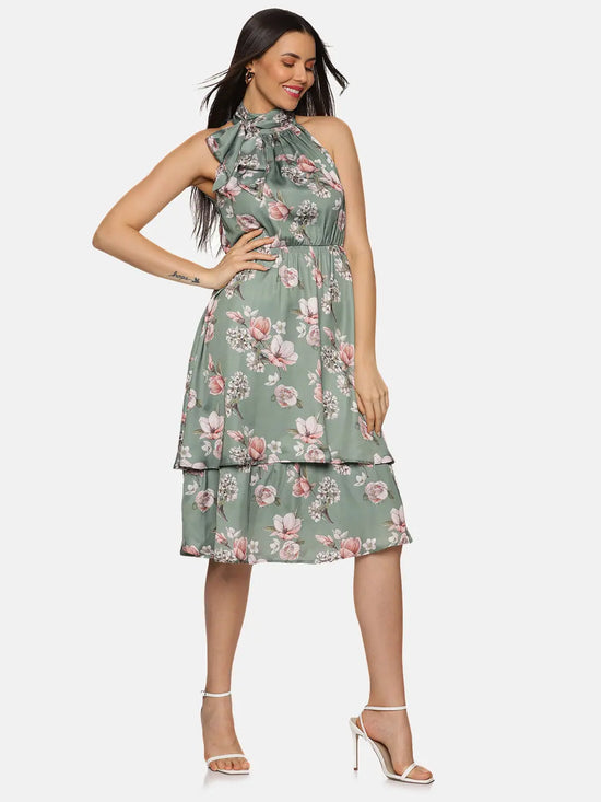 Floral Olive Halter Tie Neck Midi Dress