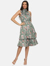 Floral Olive Halter Tie Neck Midi Dress