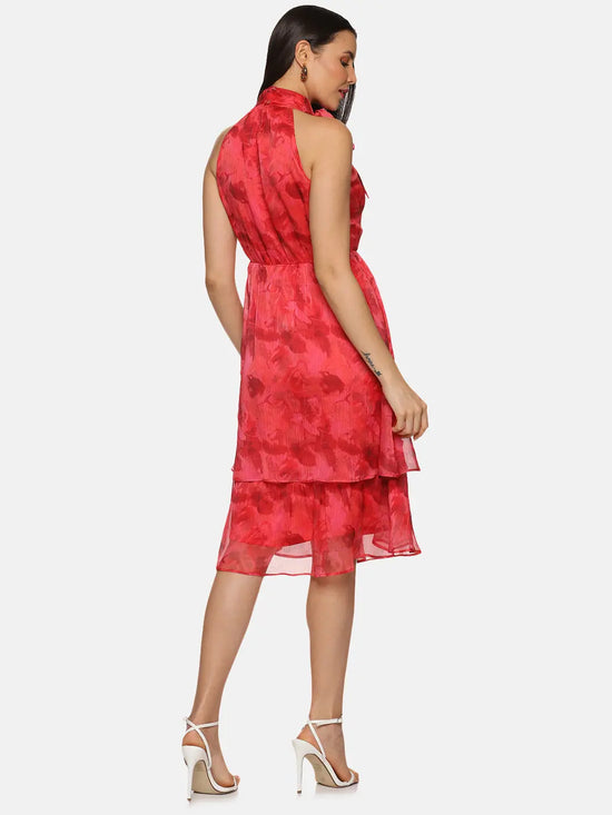 Abstract Red Halter Tie Neck Midi Dress