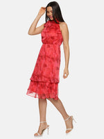 Abstract Red Halter Tie Neck Midi Dress