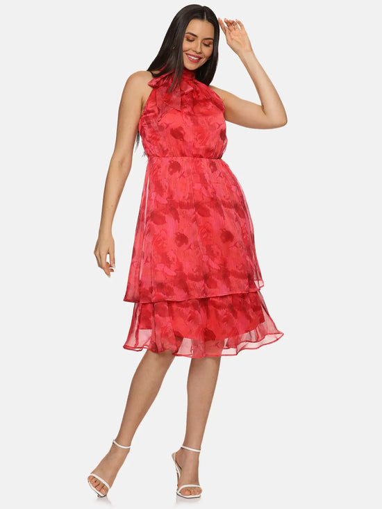 Abstract Red Halter Tie Neck Midi Dress