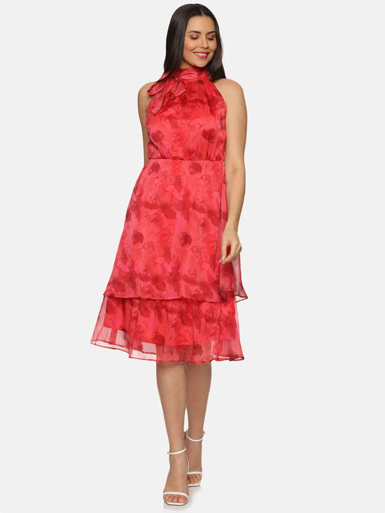 Abstract Red Halter Tie Neck Midi Dress