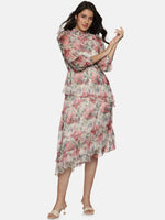 Floral Multicolor Smocking Detail Assymetrical Midaxi Dress