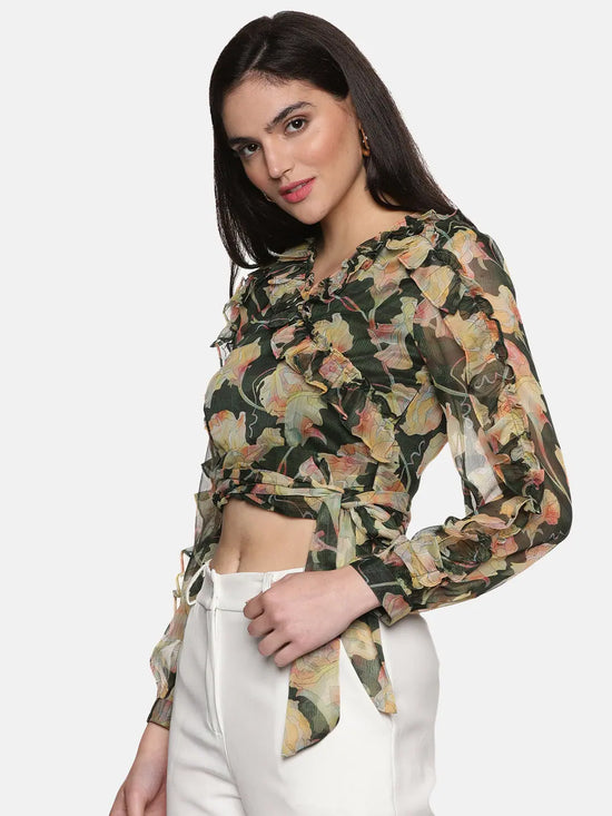 Floral Green Wrap Crop Top