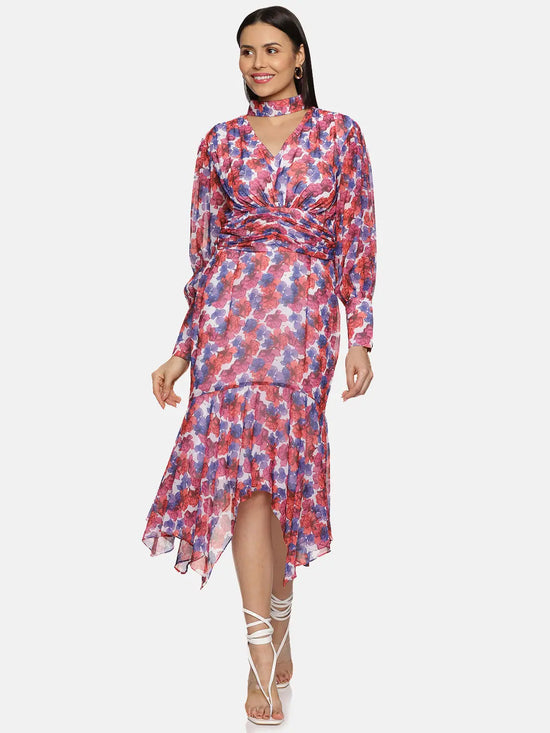 Floral Muticolor High Neck Fit And Flare Dress