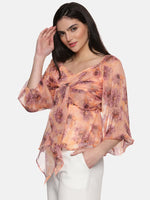 Floral Peach Front Tie Knot Peplum Top