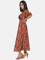 Floral Brown Front Twist Midaxi Dress