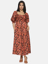 Floral Brown Front Twist Midaxi Dress