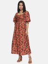 Floral Brown Front Twist Midaxi Dress