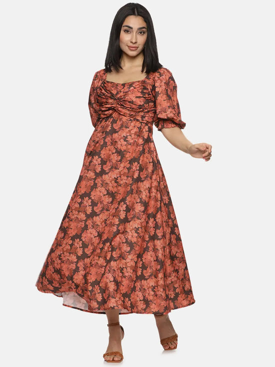 Floral Brown Front Twist Midaxi Dress