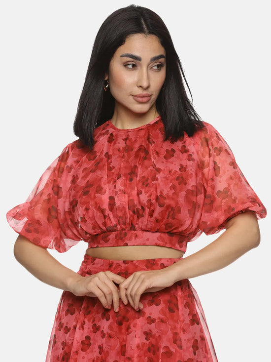 Floral Red Puffed Crop Top