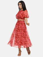 Floral Red Flared Midaxi Skirt